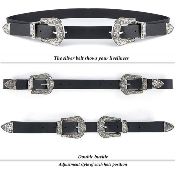 KorhLeoh Double-Buckle Cowgirl, Western-Style Vintage Buckle Leather Waist Belt main image 7